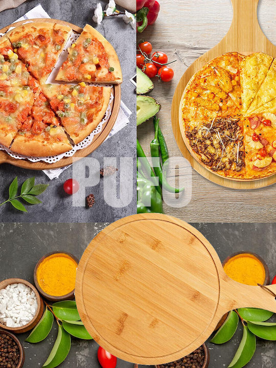 Round Bamboo Wooden Serving Platter with Handle for Food Appetizers and Pizza 38 cm Brown