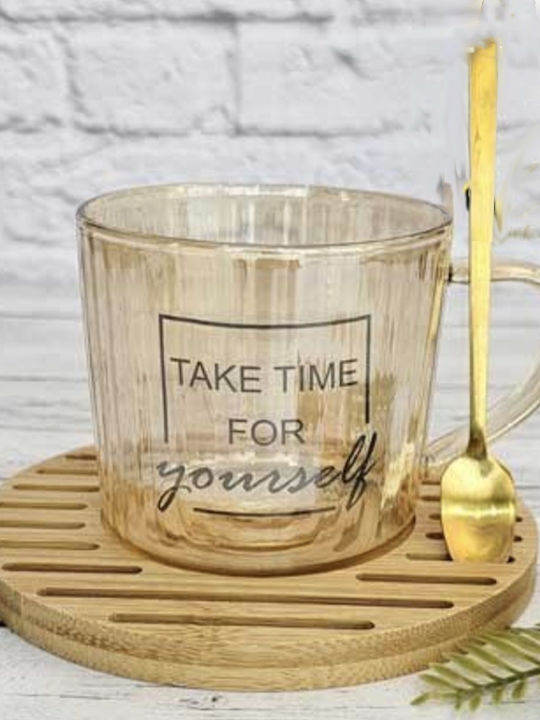 Glas Tasse Bambusholz Halter Pufo Take Time Löffel Kaffee Tee 200 Ml