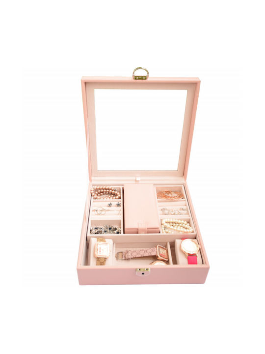 Pink Travel Jewellery Box with Mirror 25x25cm