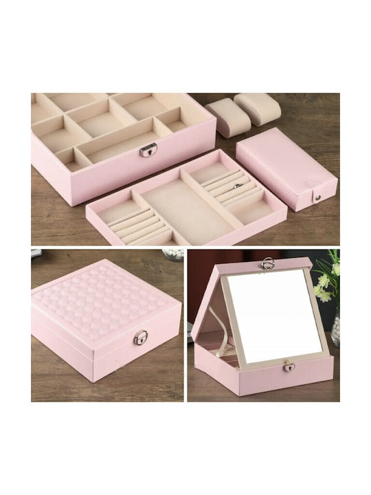 Pink Travel Jewellery Box with Mirror 25x25cm