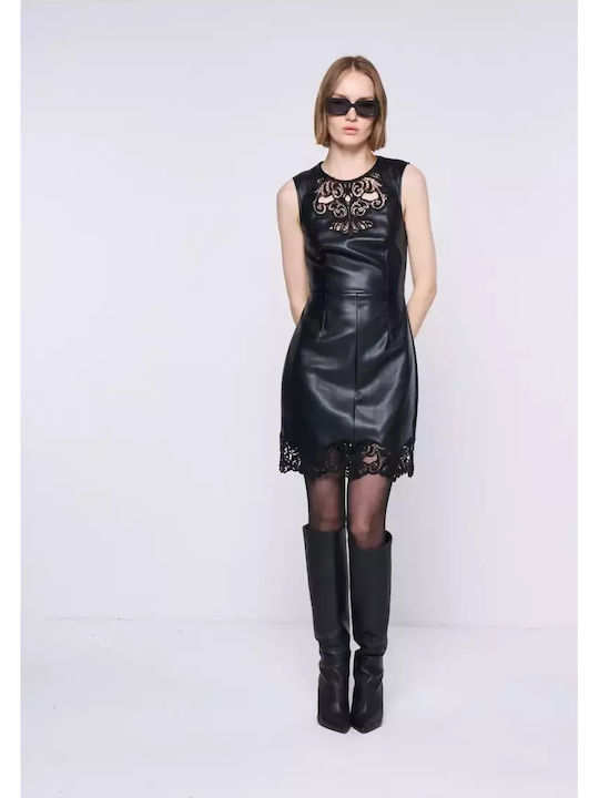 Mini Evening Dress Leather with Lace Black