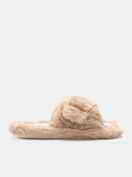 Winter Women's Slippers with Fur Beige