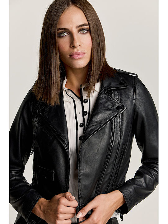 Women's Short Lifestyle Leather Jacket for Winter Black