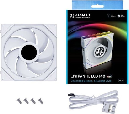 Lian Li Ventilator Pentru Carcasă UNI FAN TL LCD 140mm (1600rpm / 68.1cfm) cu Iluminare RGB și Conexiune 4-Pin PWM / 9-Pin Alb