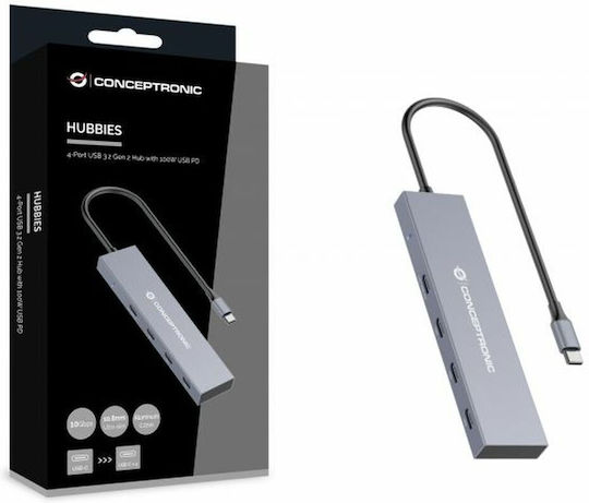 Conceptronic USB 3.2 4 Port Hub with USB-C Connection & Charging Port Gray