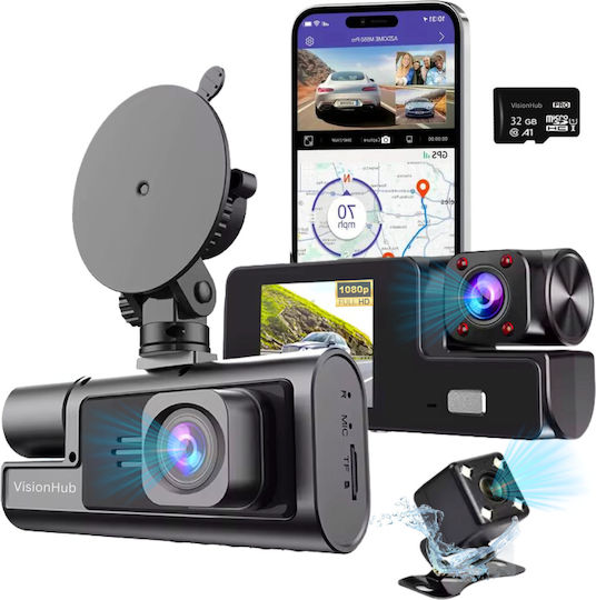 Full Hd 1080p Dashboard Triple Camera Visionhub Wifi Adjustable G-sensor Mobile App Night Vision Loop Recording 170° Wide Angle 2.0 Inch Ips Screen Dvr Front Camera