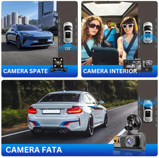 Full Hd 1080p Dashboard Triple Camera Visionhub Wifi Adjustable G-sensor Mobile App Night Vision Loop Recording 170° Wide Angle 2.0 Inch Ips Screen Dvr Front Camera