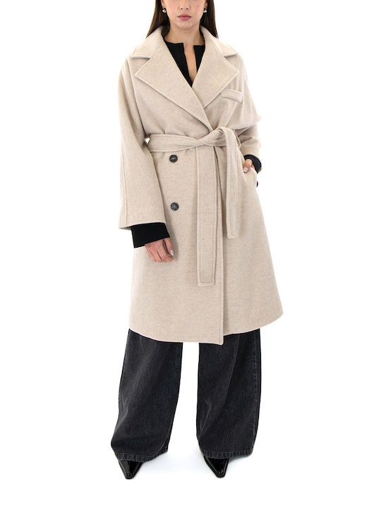 MY T Women's Wool Long Coat with Buttons Μπεζ (vanilla)