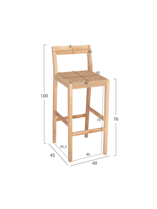 Stool Bar with Backrest Wooden Plered Teak Wood & Rope 40x45x100cm