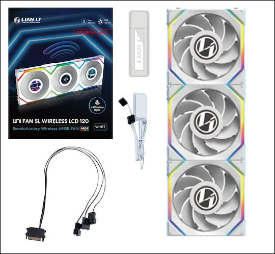 Lian Li UNIFAN SL Wireless LCD Reverse Blade Case Fan 120mm (1900rpm / 51.45cfm) με RGB Φωτισμό 3τμχ Λευκό