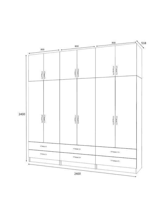 Ricardo Εξάφυλλη Ντουλάπα με Πατάρι Λευκό 240x51.8x240cm