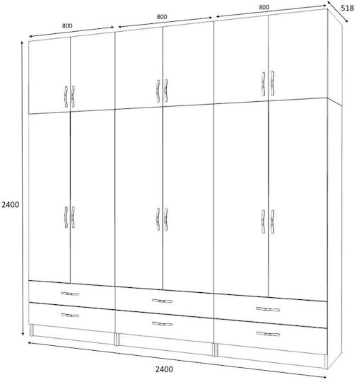 Ricardo Εξάφυλλη Ντουλάπα με Πατάρι Λευκό 240x51.8x240cm