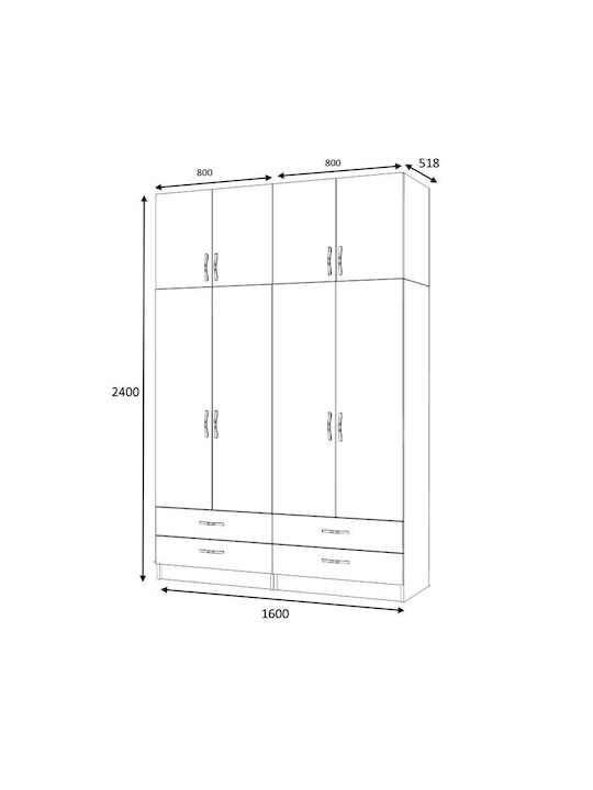 Ricardo Τετράφυλλη Ντουλάπα με Πατάρι Λευκό 160x51.8x240cm