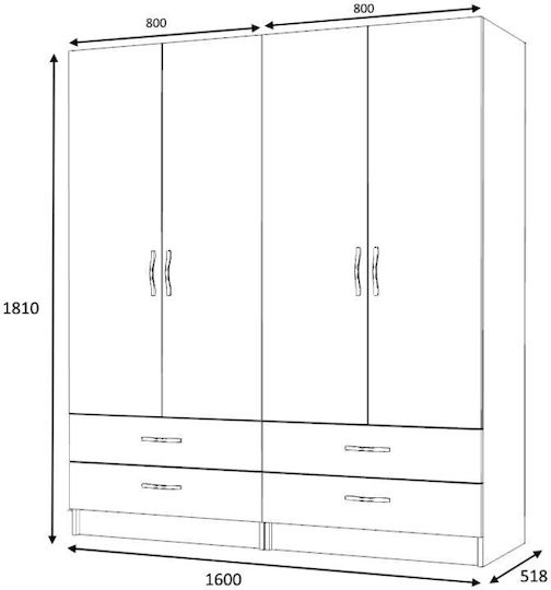 Ricardo Τετράφυλλη Ντουλάπα Καρυδί 160x51.8x181cm