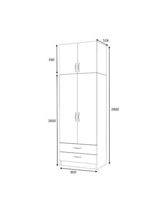 Double Door Wardrobe Ricardo with Loft White 80x51.8x240cm
