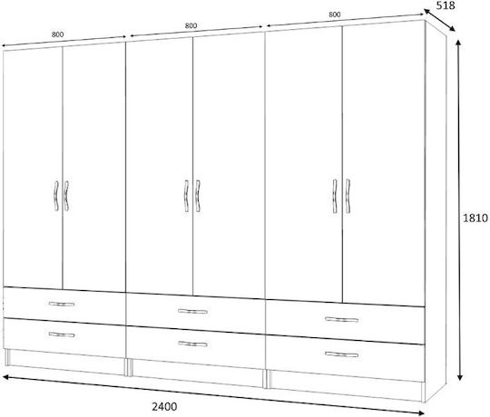 Six Door Wardrobe Ricardo White 240x51.8x181cm