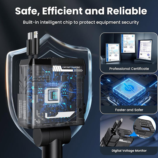 Auto-Ladegerät 66W 3A Schnellladung mit Anschlüssen: 1xUSB 1xType-C mit Kabel Typ-C,TC-TC / Blitzschlag Schwarz Farbe