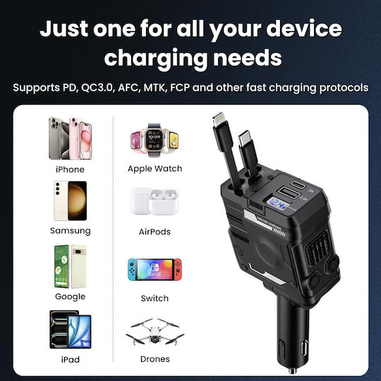 Auto-Ladegerät 66W 3A Schnellladung mit Anschlüssen: 1xUSB 1xType-C mit Kabel Typ-C,TC-TC / Blitzschlag Schwarz Farbe