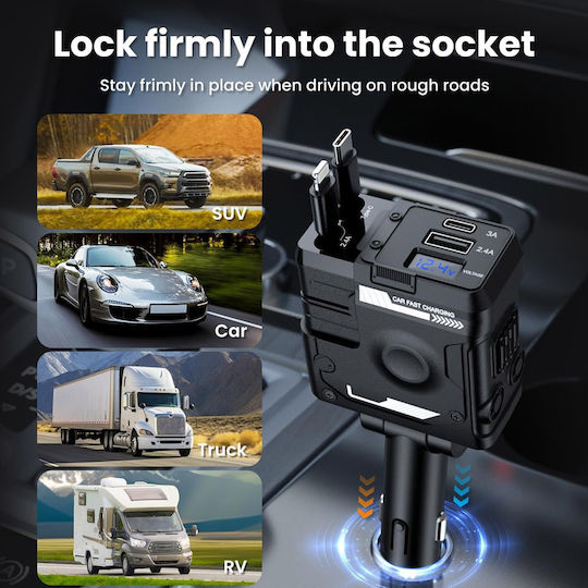 Auto-Ladegerät 66W 3A Schnellladung mit Anschlüssen: 1xUSB 1xType-C mit Kabel Typ-C,TC-TC / Blitzschlag Schwarz Farbe