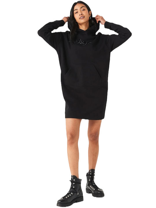 Nevalia Mini Sportliches Damenkleid Langärmelig mit Kapuze Schwarz