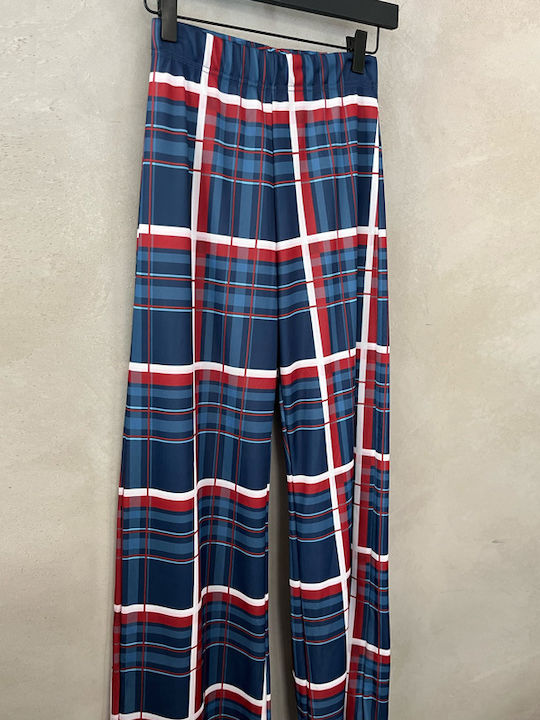 Women's Flared Checked Blue Pantaloons