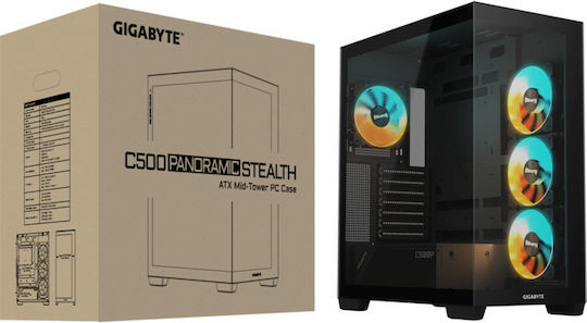 Gigabyte C500 Panoramic Gaming Midi Tower Computer Case with Side Window and RGB Lighting Black