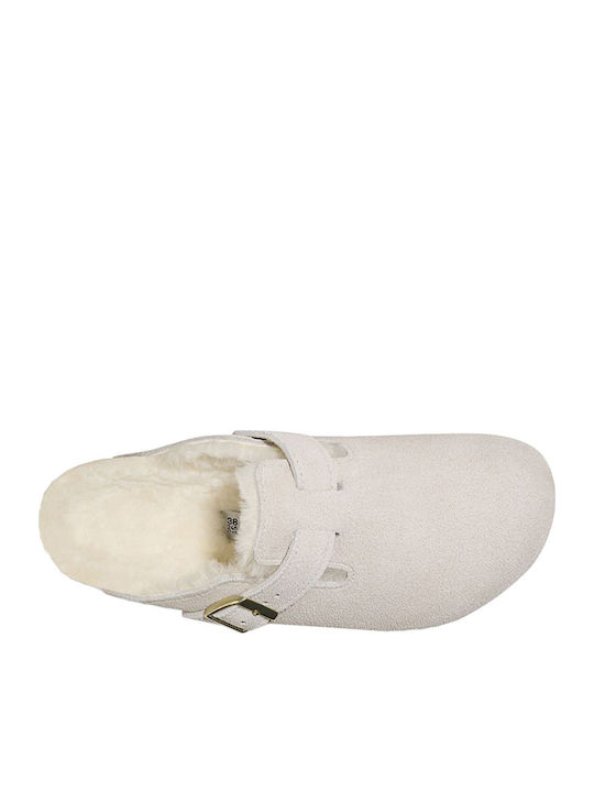 Boston Shearling Suede Χειμερινές Γυναικείες Παντόφλες με Γούνα Λευκές Narrow Fit