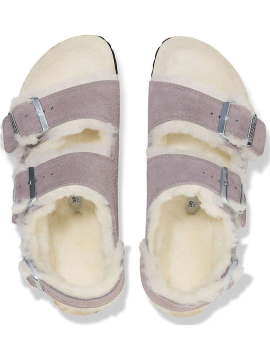 Suede Shearling Χειμερινές Γυναικείες Παντόφλες Μωβ