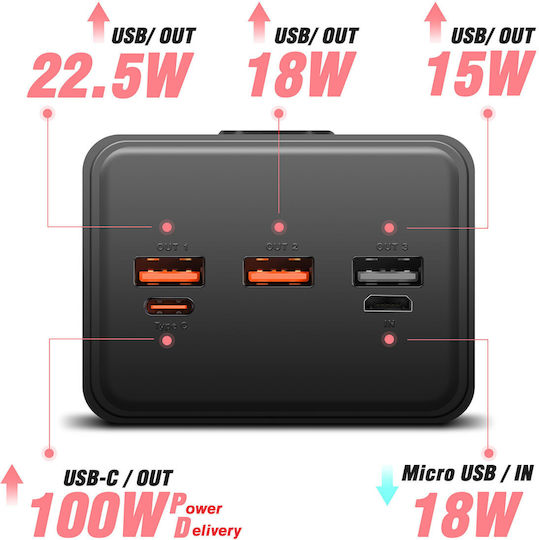 Swissten Power Bank 40000mAh 100W with 3 USB-A Ports and USB-C Port Quick Charge 3.0 Black