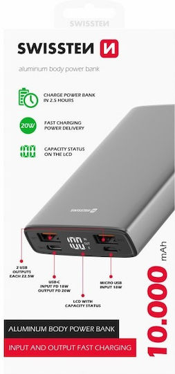 Swissten Power Bank 10000mAh 20W mit 2 USB-A Anschlüssen und USB-C Anschluss Stromlieferung / Schnellaufladung 3.0 Schwarz
