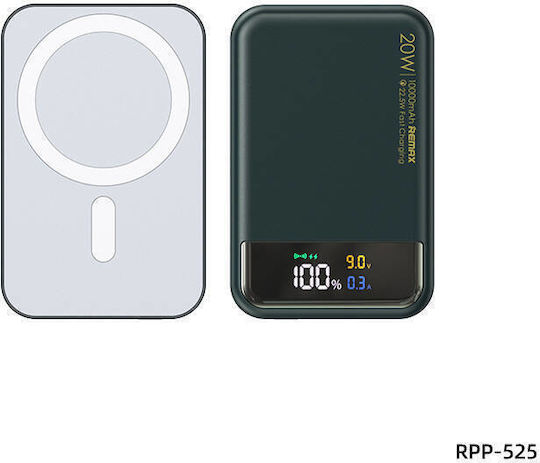 Remax RPP-525 MagSafe Външна Батерия 10000mAh 20W с USB-A Изходен Порт и USB-C Изходен Порт Зелен