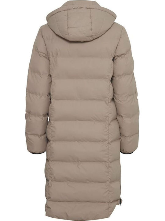 Women's Long Puffer Jacket for Winter with Hood Beige