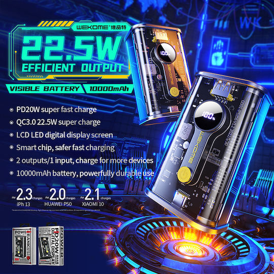WK WP-333 Power Bank 10000mAh 20W with USB-A and USB-C USB Power Delivery Quick Charge Black