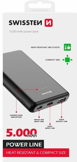 Swissten Power Bank 5000mAh 10W με Θύρα USB-A και 2 Θύρες USB-C Μαύρο
