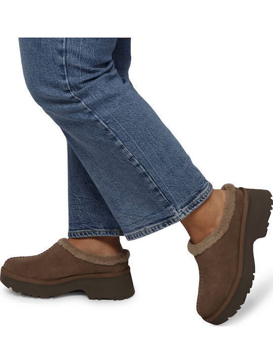 New Heights Cozy Clog Χειμερινές Γυναικείες Παντόφλες με Γούνα Καφέ