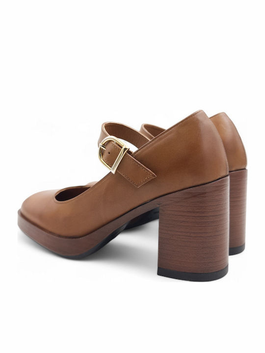 Leder Pumps mit Riemchen Tabac Braun