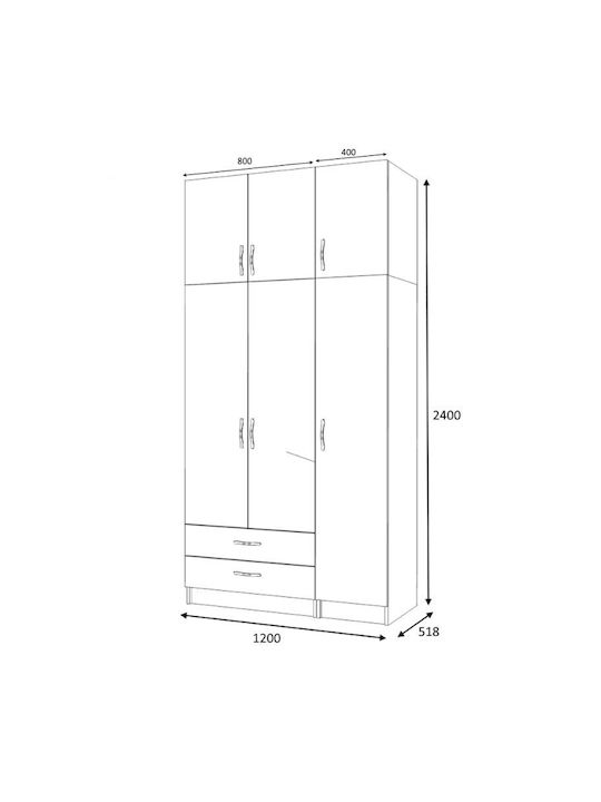 Triple Door Wardrobe Ricardo with Loft White 120x51.8x240cm