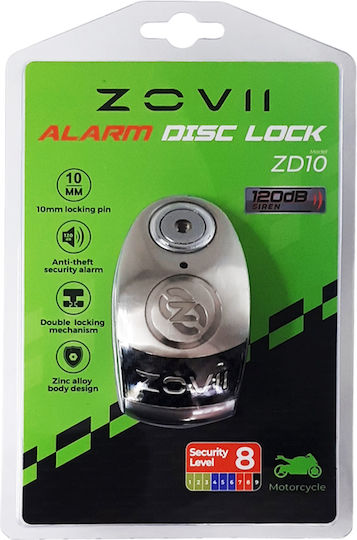 Zovii Motorcycle Disc Brake Lock with Alarm & 10mm Pin in Silver