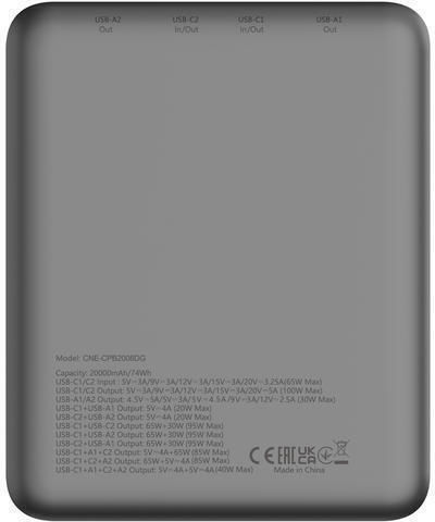 Canyon PB-2008 Power Bank 20000mAh 100W mit 2 USB-A Anschlüssen und 2 USB-C Anschlüssen Gray