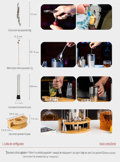 Set complet pentru barman Lewe Mc-m12 Suport din bambus 12 piese 750 ml Set barman pentru prepararea băuturilor din oțel inoxidabil
