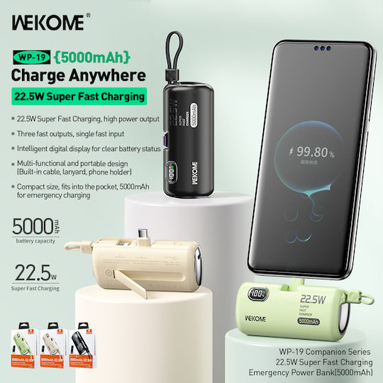 WK WP-19 Power Bank 5000mAh 22.5W με 2 Θύρες USB-C Μαύρο