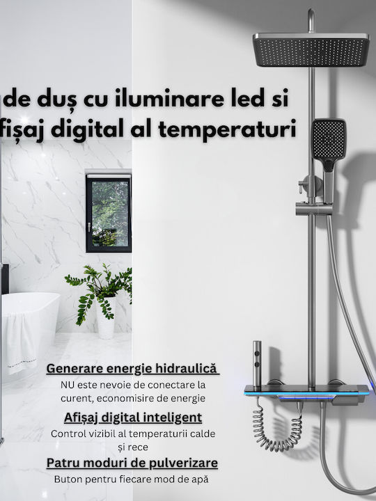 Led Shower Set Digital Temperature Display Visionhub Column Thermostat Integrated Power Generation Turbine Wall-mounted 4 Water Flow Functions Showerhead