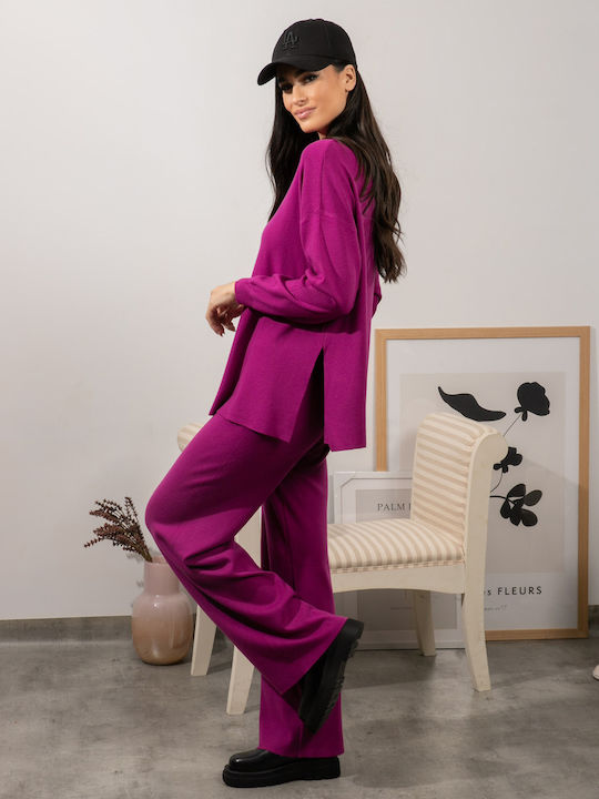 Πλεκτό Σετ Παντελόνι Μπλούζα Σκίσιμο Ματζέντα Ματζέντα