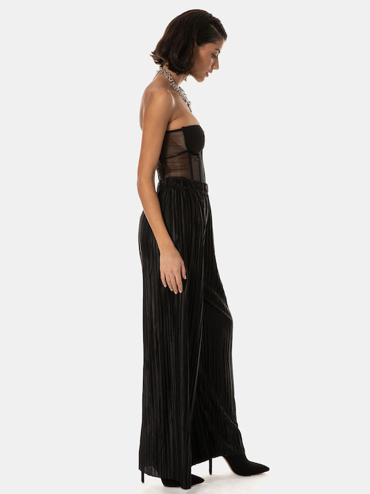 Shiny Wide-Leg Trousers with Elastic Waist Black