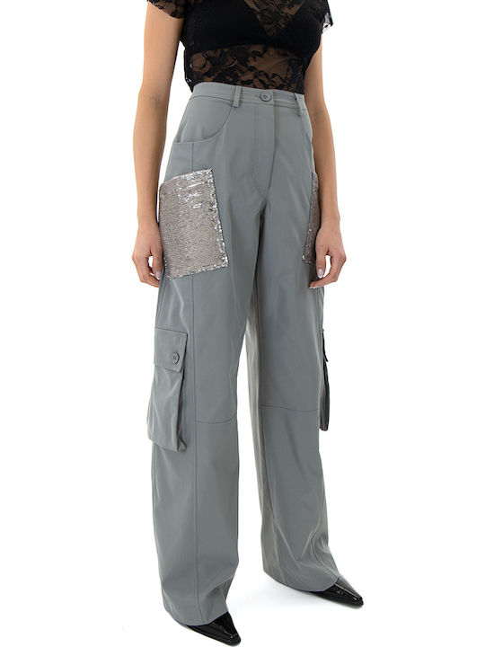 Women's High-waisted Fabric Trousers in Wide Line Gray with Sequins