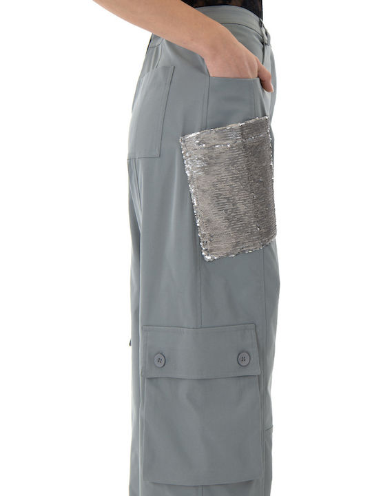 Women's High-waisted Fabric Trousers in Wide Line Gray with Sequins