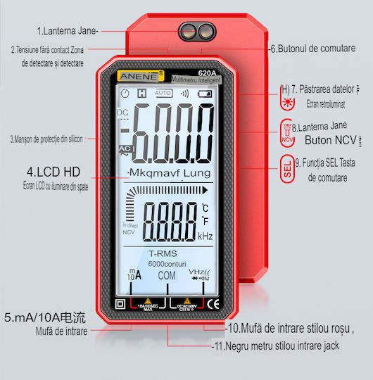 Aneng 620a True Rms Digital Multimeter Display Frequency Test Ncv 4.77 Inch Screen Temperature Sensors Diode Battery Continuity Tester Buzzer Overload Alarm Data Memory R