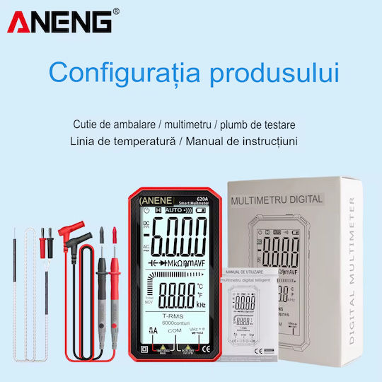 Aneng 620a True Rms Digital Multimeter Display Frequency Test Ncv 4.77 Inch Screen Temperature Sensors Diode Battery Continuity Tester Buzzer Overload Alarm Data Memory R