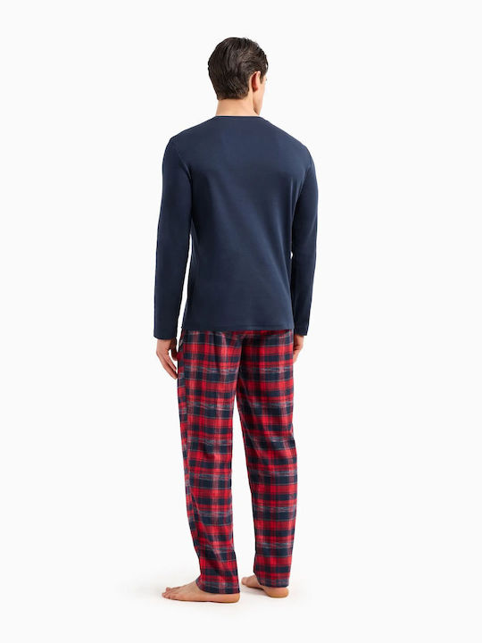 Emporio Armani Men's Winter Cotton Checked Pajamas Set Marine-check, Marine Red