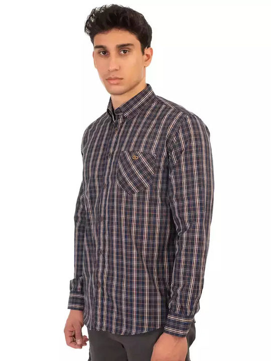 Double Long-sleeved Cotton Shirt Checked Navy, Camel